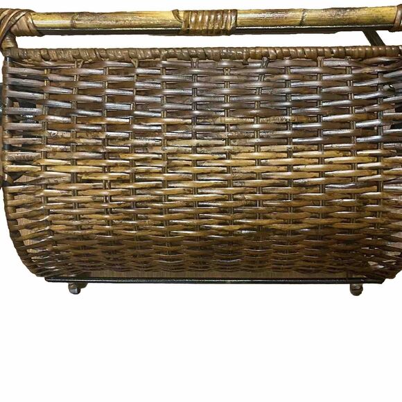 Wicker Rattan Bamboo Cane Wrought Iron Vintage Towel Magazine Rack MCM Bohemian - Picture 6 of 16